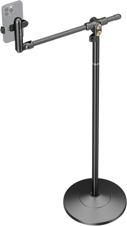 NEEWER BASICS Phone Floor Stand with Horizontal Extension Arm, Adjustable Bed Phone Holder Clamp Mount Compatible with iPhone 16 15 Pro Max Plus Samsung for Video Recording, Weighted Metal Base, ST009