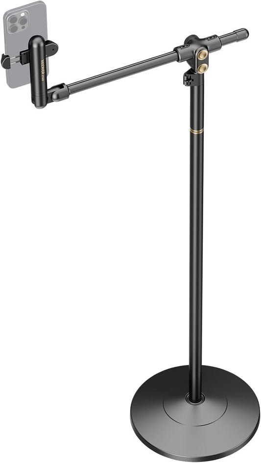 NEEWER BASICS Phone Floor Stand with Horizontal Extension Arm, Adjustable Bed Phone Holder Clamp Mount Compatible with iPhone 16 15 Pro Max Plus Samsung for Video Recording, Weighted Metal Base, ST009