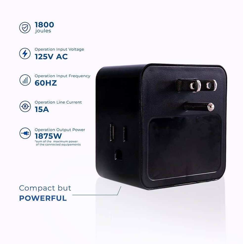 Clamper 3-Outlet Surge Protector 1800 Joules, 1875W, for TV, PC, Xbox, PS5, Refrigerators and Other Appliances (Compact Wall Surge Protector), iCLAMPER Power 3, 1-Pack Black