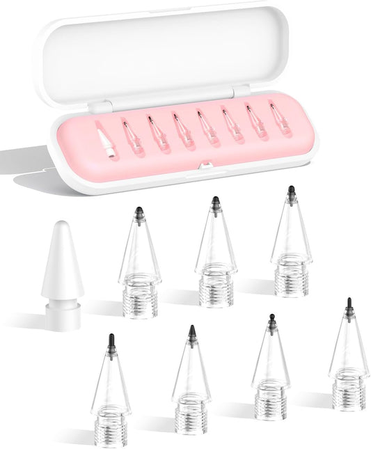 8-Pack Carbon Fiber Replacement Tips for Apple Pencil Pro/2nd/1st Gen/USB-C, Upgraded Nibs for Bare Screen & Tempered Glass with Storage Case - Pink