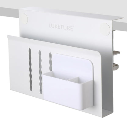LUKETURE Laptop Holder, Steel Desk Side Storage, No Drill Standing Desk Accessories, Clamp on Laptop Mount with Pen Holder, Fits Flat Edge Tables 0.3" to 2.8" (White, M(1 Tier))