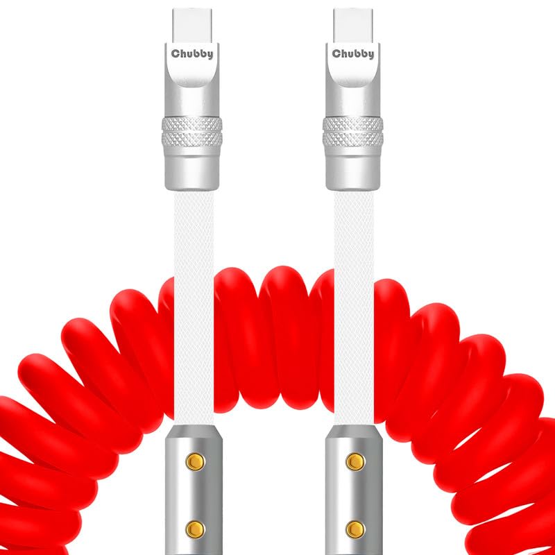 chubbycable Colorblock Chubby - Spring Braided Silicone Charge Cable Coiled USB C Cable Fast Charging Type C Charger Cord for Car, Red+White, Type-C to Type-C, 2.29FT-3.6FT