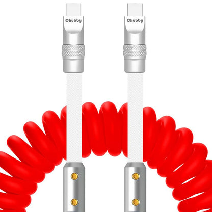 chubbycable Colorblock Chubby - Spring Braided Silicone Charge Cable Coiled USB C Cable Fast Charging Type C Charger Cord for Car, Red+White, Type-C to Type-C, 2.29FT-3.6FT
