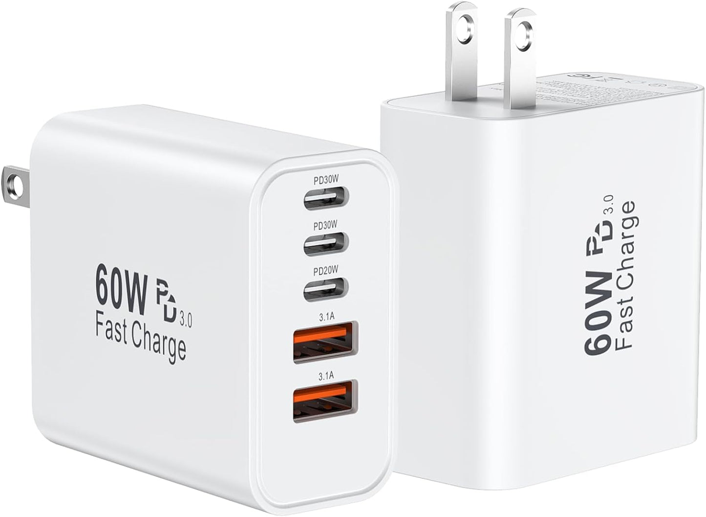 USB C Fast Wall Charger Block, 2Pack 60W USBC Phone Charging Cubes, 5-Port Type C Power Plug Adapter Multiport Brick Box for iPhone 17/16/15/14/13/12/11/Pro Max/Plus/Air, iPad mini/Pro,Galaxy S25/S24