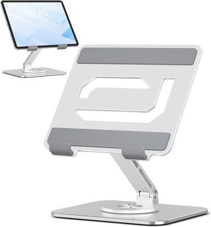 Tablet Stand Holder with 360°Rotating Base - Adjustable Aluminum Desktop Stand for iPad Holder for Desk Compatible with 4-13" Tablets, Silver