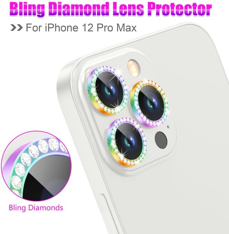 AGVEE 3+3 6 Pack for iPhone 12 Pro Max 6.7" Camera Lens Cover Protector, Bling Diamond & Bling Glitter Metal Ring 9H Tempered HD Glass Camera Cover Protector Film, Bling-Colorful