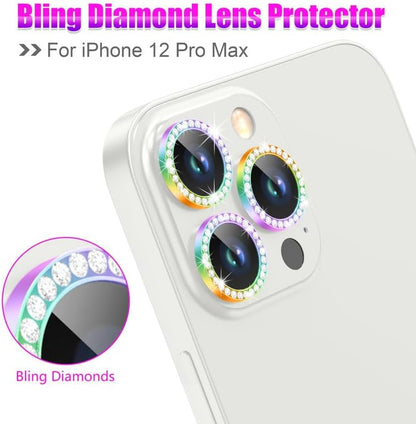 AGVEE 3+3 6 Pack for iPhone 12 Pro Max 6.7" Camera Lens Cover Protector, Bling Diamond & Bling Glitter Metal Ring 9H Tempered HD Glass Camera Cover Protector Film, Bling-Colorful
