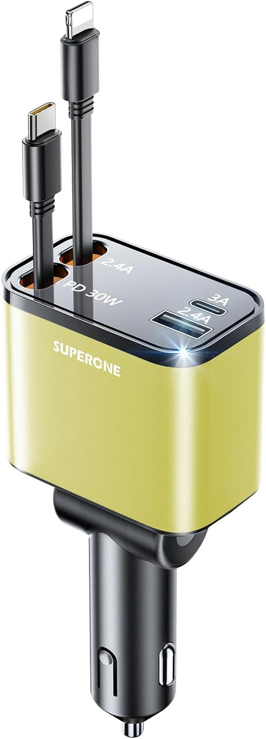 [2024 Upgraded] 4 in 1 Retractable Car Charger, SUPERONE Smaller Fast Car Phone Charger 69W with Cord, USB C and iPhone Car Charger Adapter, Compatible iPhone 15/15 Pro Max/14/13/12/11, Sumsung