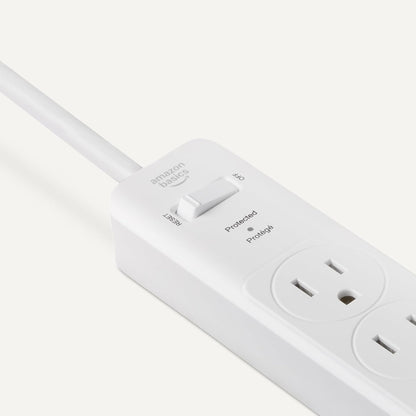 Amazon Basics Rectangle 6-Outlet, 600 Joule Surge Protector Power Strip, 2ft, Small, White, 2-Pack