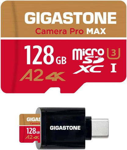 [5-Yrs Free Data Recovery] GIGASTONE 128GB Micro SD Card with USB 3.2 Type C Card Reader, 4K Camera Pro MAX, Speed Up to 120MB/s Compatible with Gopro, DJI, Dash Cam, MicroSDXC UHS-I A2 V30 U3