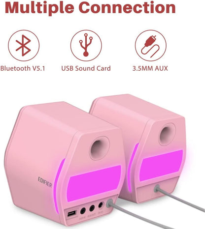 Edifier G2000 32W PC Computer Speakers for Gaming Desktop PC Laptop Mac Computer Woofer Speakers Bluetooth USB 3.5mm AUX Inputs RGB Lights Multimedia Speakers Pink