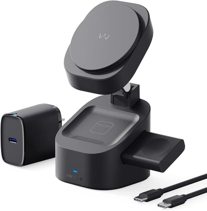 iWALK 3-in-1 Magnetic Wireless Charging Stand, 15W Foldable Charger Station for iPhone 16/15/14/13/12, Apple Watch & AirPods, Adjustable Dock with 20W USB-C Adapter