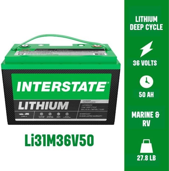 Interstate Batteries 36V 50Ah Group Size 31M Lithium Marine/RV Deep Cycle LiFePO4 Battery, Maintenance Free, Lightweight, Ideal For Boats, Trolling Motors, RV Camping, Off-Grid, Yachts (Li31M36V50)