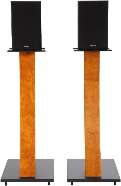 EXIMUS One Pair Fixed Height Universal Speaker Floor Stands with Real Wood - Cherry - 290 Series