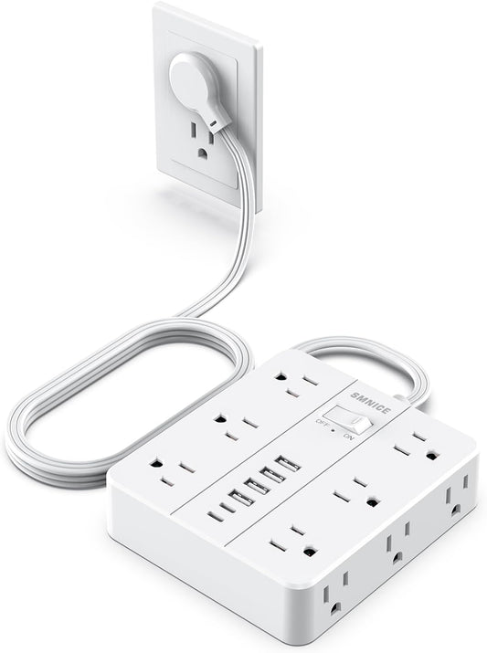 Power Strip Flat Plug with 12 Outlets 6 USB(2 USB C),SMNICE Surge Protector Charging Station with Overload Protection,5ft Extension Cord Widely Spaced Multiple Outlets for Home Office Dorm Essentials