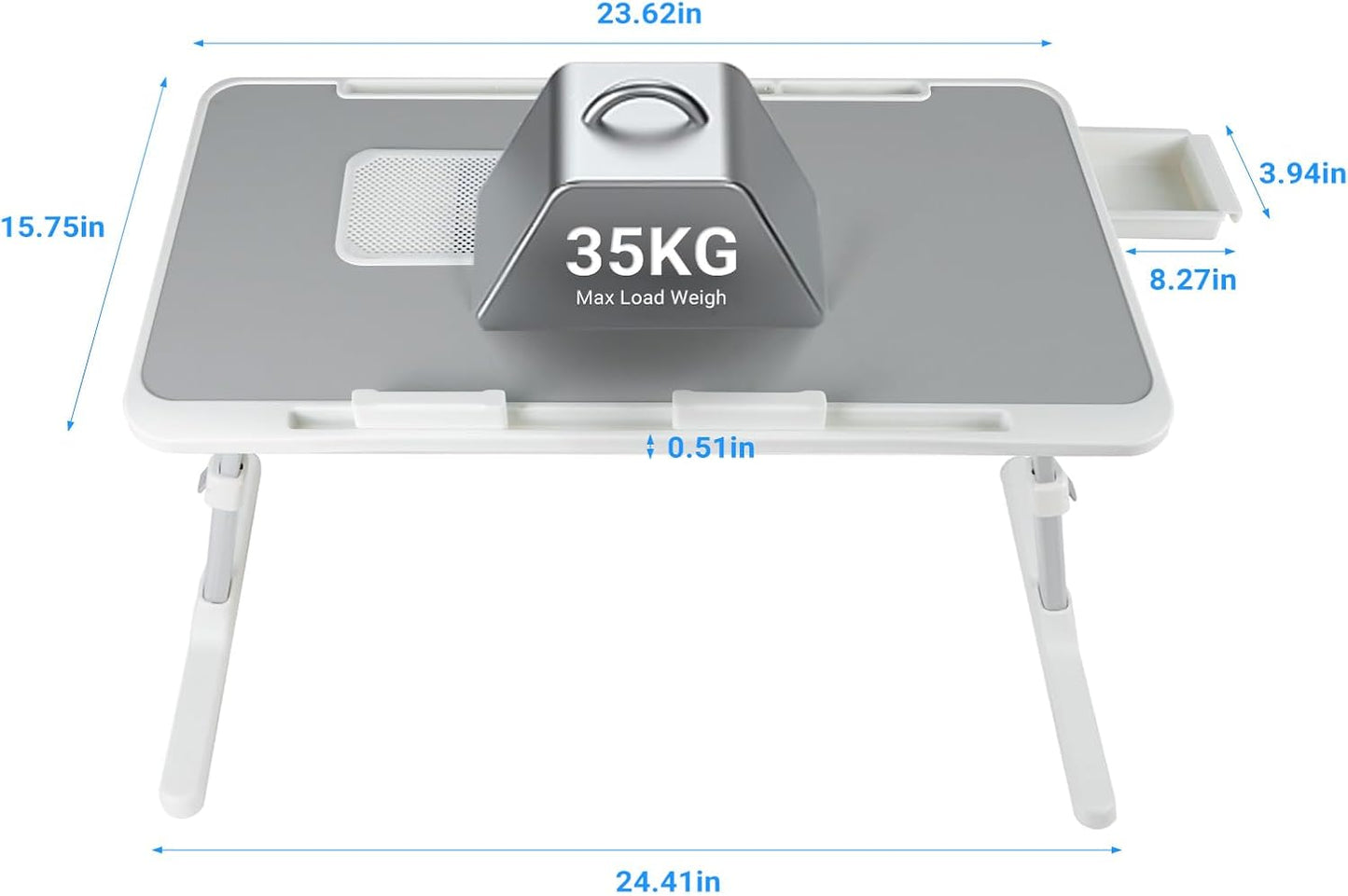 Laptop Lap Desk with Cooling Fan - Adjustable with Light, USB, Storage Drawer - Folding Bed Desk,23.62"*15.74",Grey