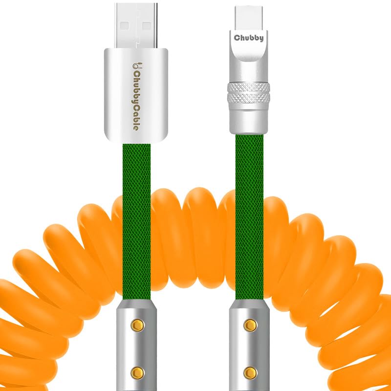 chubbycable Colorblock Chubby - Spring Braided Silicone Charge Cable Coiled USB C Cable Fast Charging Type C Charger Cord for Car, Orange+Green, USB-A to Type-C, 2.29FT-3.6FT
