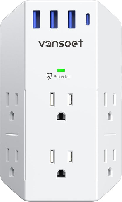 Outlet Extender, Vansoet 6 Outlet Splitter with 4 USB Ports(1 USB C PD 20W), 2100J Surge Protector Power Strip, 3 Side Multi Plug Outlet for Travel, Home, Office, Dorm