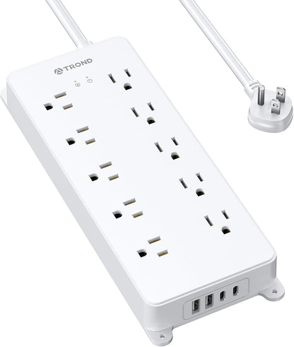 TROND Surge Protector Power Strip, 4000J, ETL Listed, 10 Widely Spaced Outlets, 2 USB C and 2 USB A Ports, Flat Plug 5ft Extension Cord, Wall Mountable, Under Desk Power Strip for Home Office, White
