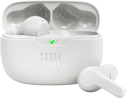 JBL Vibe Beam - True Wireless JBL Deep Bass Sound Earbuds, Bluetooth 5.2, Water & Dust Resistant, Hands-free call with VoiceAware, Up to 32 hours of battery life (White)