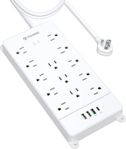 TROND Surge Protector Power Strip 10 ft, Flat Plug Long Extension Cord, 13 Wide Spaced Outlets, 4000 Joules, 32W Quick Charge 3.0 & USB C, Wall Mount, Under Desk, Heavy Duty, ETL Listed, White