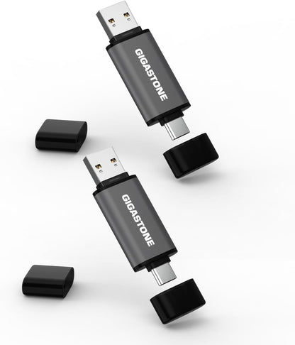 GIGASTONE 256GB Dual Flash Drive (2 Pack) Z40 USB 3.2 Gen 1, 2-in-1 Type-A & Type-C, 100MB/s Ultra Fast, Head Cap Design, Plug & Play for Smartphone/PC/Mac/TV/Car Audio, USB 2.0/3.0/3.1 Compatible