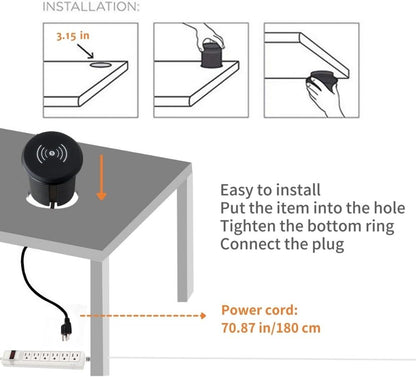 ZESHAN Desk Power Grommet Desktop Power Outlet Sofa Table Outlet with Wireless Charger, USB A, USB C Fast Charging Ports and 2 US Plugs 1.8M Power Cord for Conference Table Desk Furniture, Black