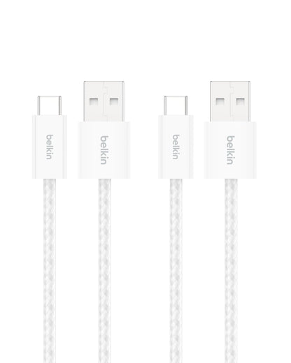 Belkin USB A to USB C Cable 2-Pack, 3.3ft, 15W - Type C Charger, iPhone Charger Cord, Soft, Braided, Flexible for iPhone 16 & 15, Galaxy S25, Pixel 9, iPad Pro, Airpods Pro, Switch & More - White