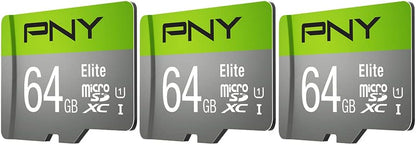 PNY 64GB Elite Class 10 U1 microSDXC Flash Memory Card - 100MB/s, Class 10, U1, Full HD, UHS-I, Micro SD (Pack of 3)