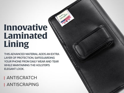 Turtleback Belt Holder for iPhone 16 Pro, 16e, 15 pro 14 Pro 13 Pro -Medium- Fits w/Shockproof Commuter Style Cases, Premium Black Leather Horizontal Case, Magnetic Closure, Leather Wrapped Clip