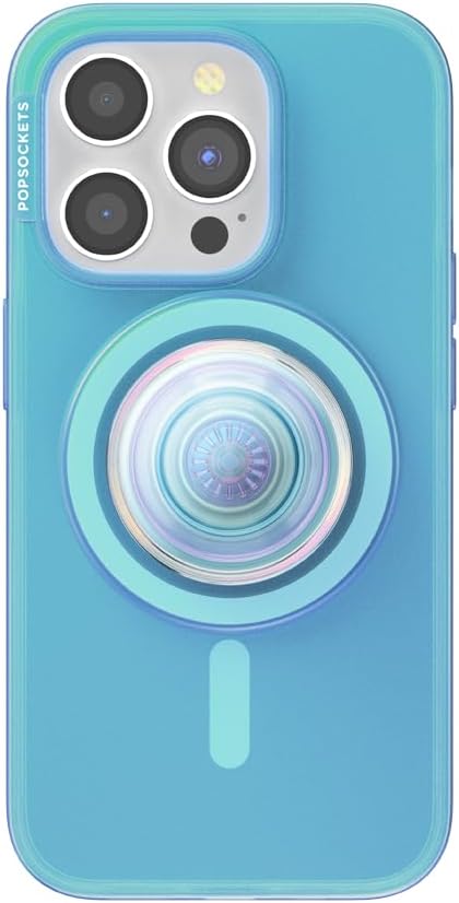 PopSockets iPhone 15 Pro Case with Phone Grip and Slide Compatible with MagSafe, Phone Case for iPhone 15 Pro, Wireless Charging Compatible - Opalescent Blue