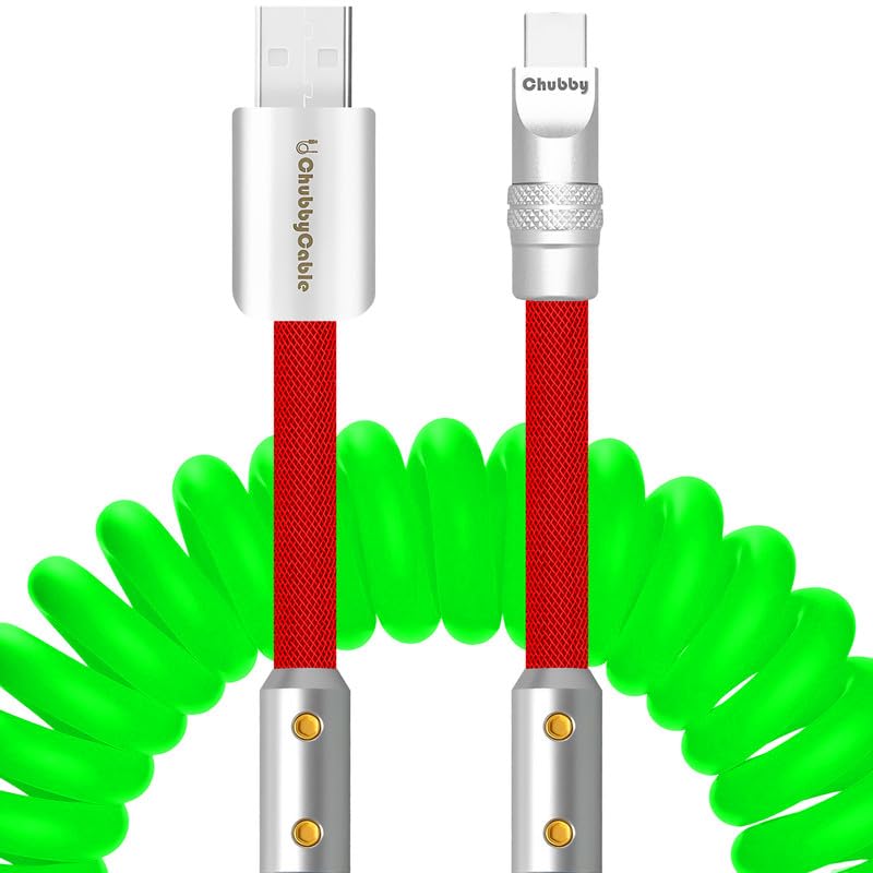 chubbycable Colorblock Chubby - Spring Braided Silicone Charge Cable Coiled USB C Cable Fast Charging Type C Charger Cord for Car, Green+Red, USB-A to Type-C, 2.29FT-3.6FT