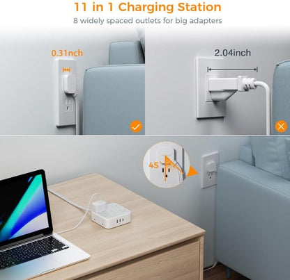 Flat Plug 20 FT Long Extension Cord, TESSAN Ultra Thin Power Strip Surge Protector with 8 AC Outlets, 900J, 3 USB Charger(1 USB C), Multi Port Charging Station for Home, Office, Dorm Room Essentials