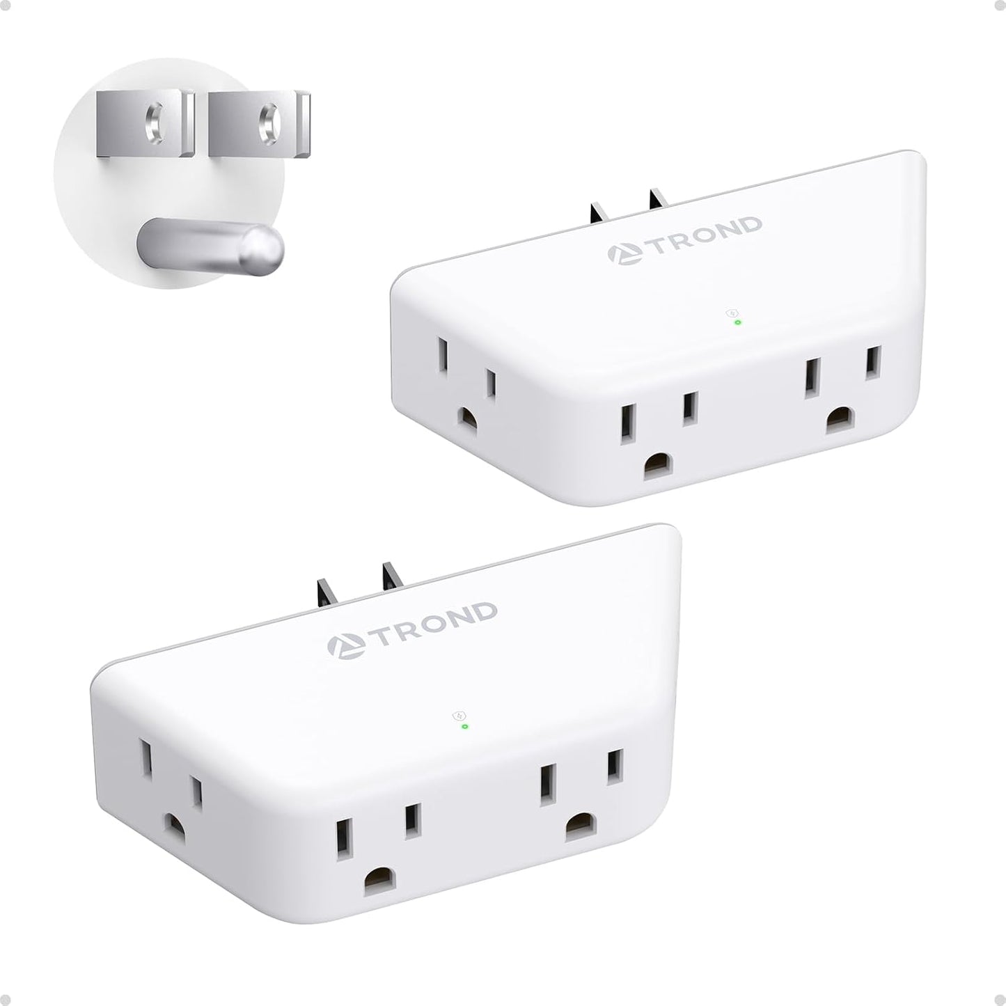 TROND Multi Plug Outlet Extender 2 Pack - Surge Protector Outlet with 4 Grounded Sockets, 3 Way Angled Plug Splitter, 900J, Multiple Wall Adapter for Home Office Travel Dorm Room, White