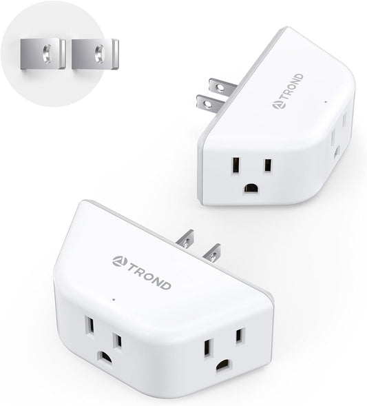 TROND 2 Prong to 3 Prong Outlet Adapter 2 Pack, 3-Way Angled Wall Extender with 3 AC Sockets, Plug Expander for Non-Grounded Outlets in Old House, Cruise Ship Essentials, White