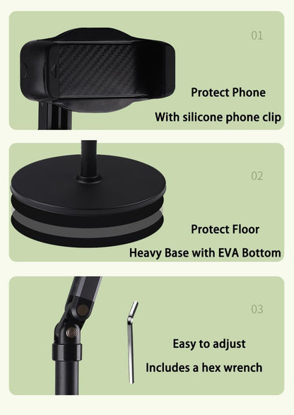 Phone Floor Stand for Recording Cell Phone Holder for Bed, Adjustable Tall Stand with Ultra-Long Extension Arm, 360° Swivel, Compatible with iPhone Samsung and More