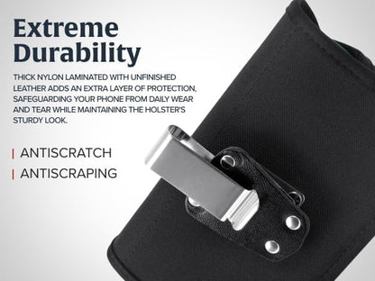 Turtleback Belt Clip for iPhone 16 Pro Max, 15 Pro Max, 14 Pro Max -Medium- Fits w/Shockproof Commuter Style Cases, Premium Black Leather, Horiz. Belt Holder, Magnetic Closure HD Rotating Clip