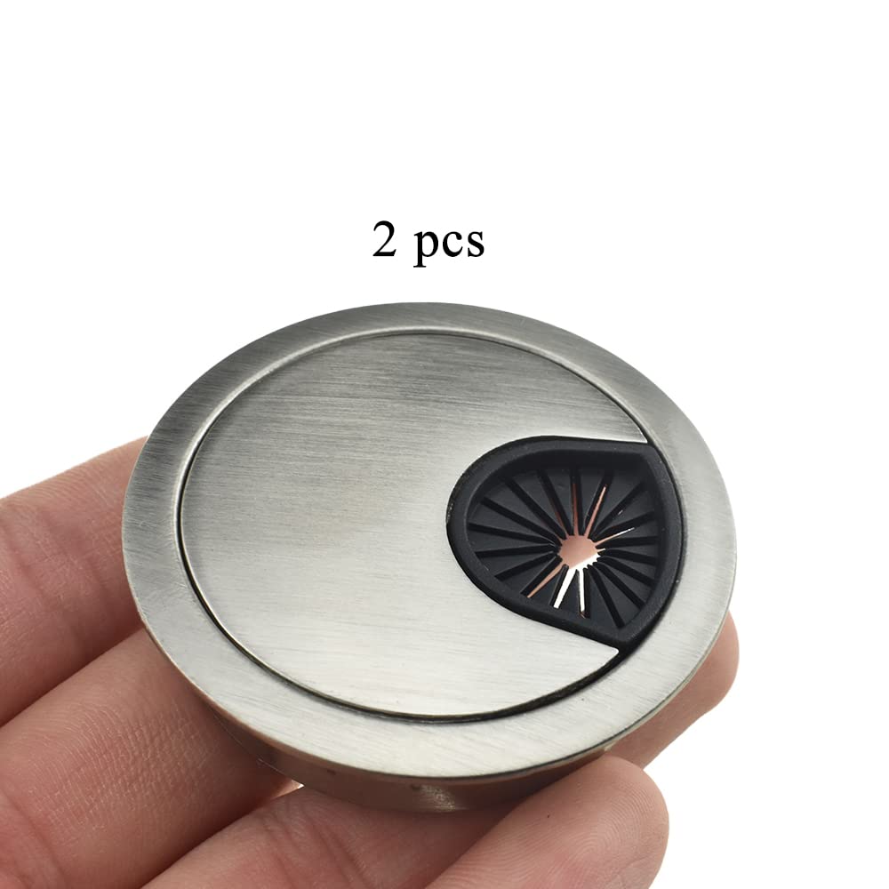 HAHIYO 2Pcs 2Inch/50mm Brushed Silver Zinc Alloy Desk Grommet Wire Grommet Cable Management Cord Hole Cover Desk Wire Hole Insert Wire Organizer for Computer Office Home School Equipment Systems