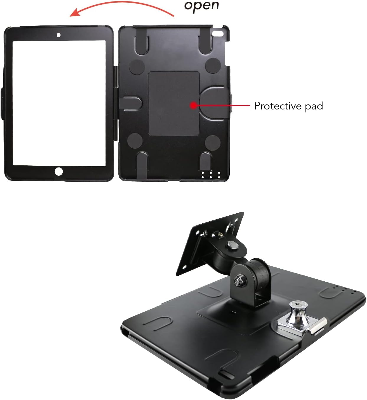 On Wall Mount Bracket for iPad 9.7" (6th, 5th Gen, Air 1 & 2, Pro), Anti-Theft Lock, Rotate Design, Multi-Angle, Metal (Black)