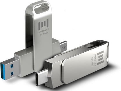 MOSDART 128GB USB3.1 Fast Speed C and A Dual Flash Drive, exFAT Memory Stick with Keychain Loop, for iPhone 15 and 16, Android Phone, iPad, MacBook, Silver(Pack of 2)