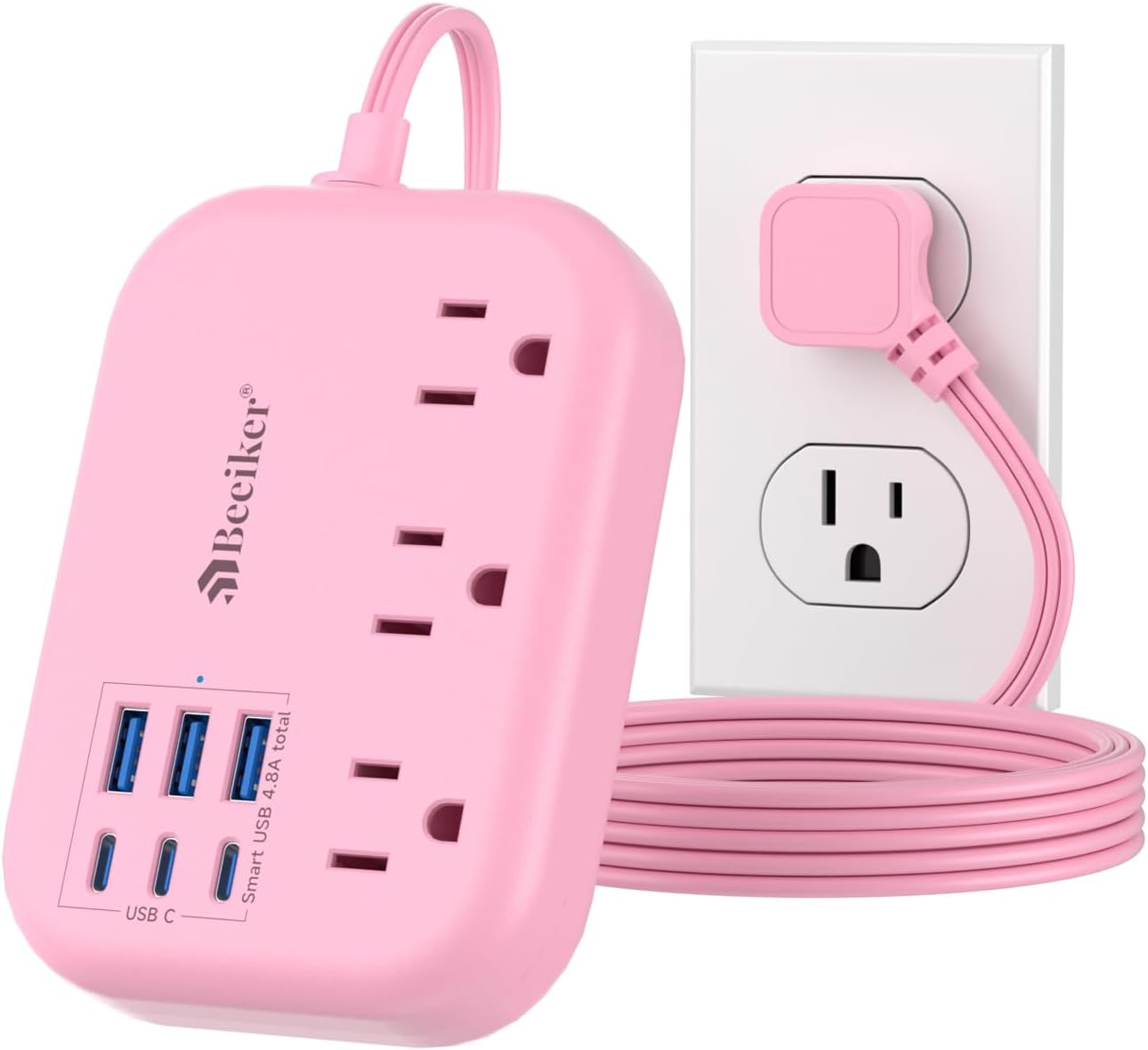 6 USB(3 USB C) Pink Power Strip- 5Ft Pink Extension Cord with 6 USB Charging Station 24W/4.8A and 3 Outlets, Pink Desk Accessories for Cruise Travel Pink Cute Kawaii College Dorm Desk Home Essentials
