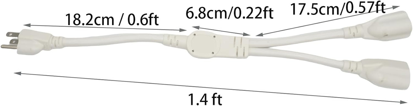 2 Way Power Splitter, 3 Prong 1 to 2 Extension Cord Splitter, 1.4' Short Extension Cord Indoor Cable Strip Outlet Saver, SJT 16AWG for Halloween Lights, Christmas Decorations, Computer, White, 1.4FT