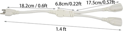 2 Way Power Splitter, 3 Prong 1 to 2 Extension Cord Splitter, 1.4' Short Extension Cord Indoor Cable Strip Outlet Saver, SJT 16AWG for Halloween Lights, Christmas Decorations, Computer, White, 1.4FT