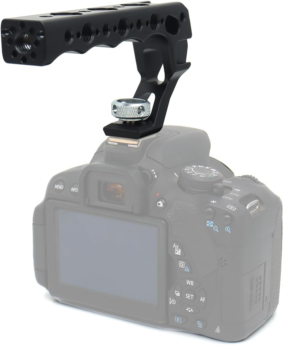 Universal Top Handle Quick Release NATO Grip with NATO Rail for DSLR Camera Cage, with 3 Cold Shoe Adapters to Mount DSLR Camera with Microphone/LED Light/Monitor (Black with NATO Rail)