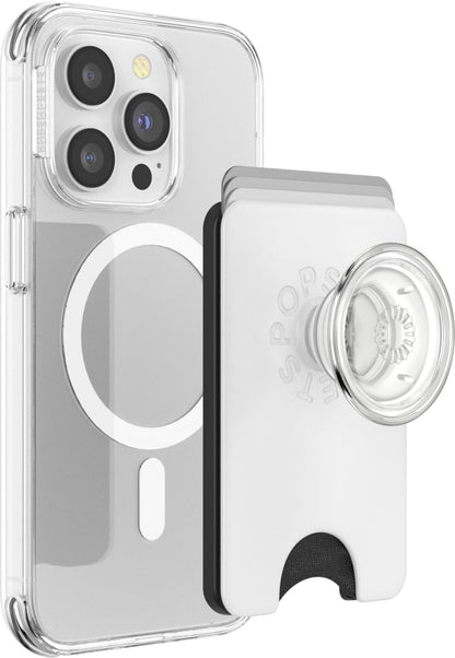 PopSockets Phone Wallet with Expanding Grip and Adapter Ring for MagSafe, Phone Card Holder, Wireless Charging Compatible, Wallet Compatible with MagSafe - White Clear