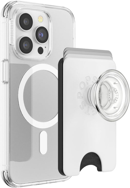 PopSockets Phone Wallet with Expanding Grip and Adapter Ring for MagSafe, Phone Card Holder, Wireless Charging Compatible, Wallet Compatible with MagSafe - White Clear