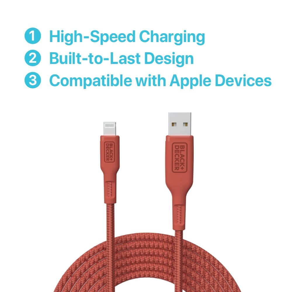 BLACK+DECKER Lightning to USB Cable - Fast Compatible iPhone Lightning Cable - Durable Braided iPhone Charger Cord - for Travel and Daily Use - Multiple Color + Length Options - 3ft