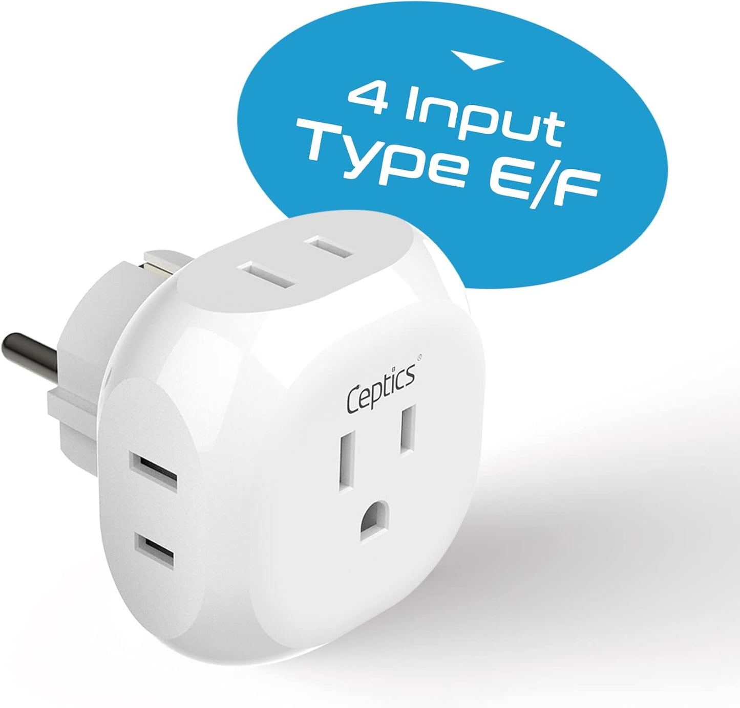 Ceptics European Schuko Travel Plug Adapter Germany France Adapter Charger 4 Input - USA to Any Type E/F Countries Such as Germany, France and More - 2 Pack (PT-9), White