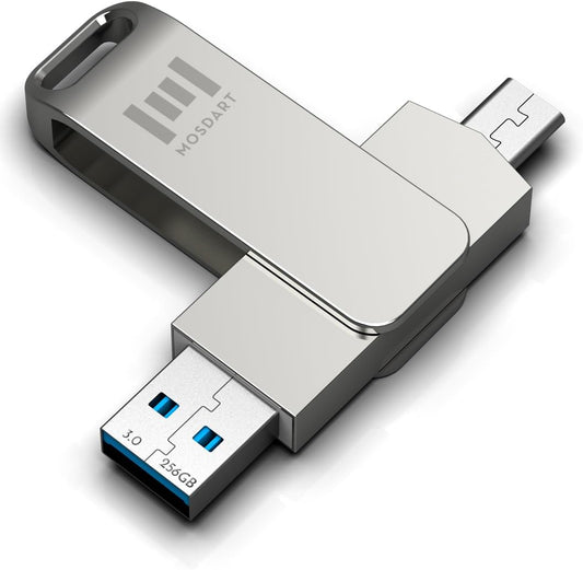 MOSDART 256GB USB3.1 Fast Speed C and A Dual Flash Drive, exFAT Memory Stick with Keychain Loop, for iPhone 15 and 16, Android Phone, iPad, MacBook, Silver