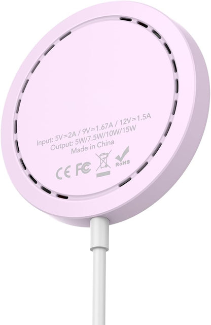 Wireless Charger, 15W Max Fast Magnetic Wireless Charging Pad Compatible with iPhone 16/15/14/13/12 with USB-A Converter Purple